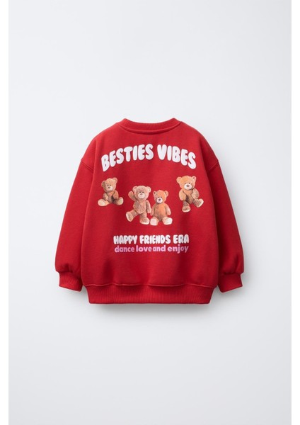 Kız Çocuk Pamuklu Kırmızı Ayı Baskılı Sweatshirt ve Nakışlı Kot Pantolon Takım – Rahat Günlük Stil indirimleri