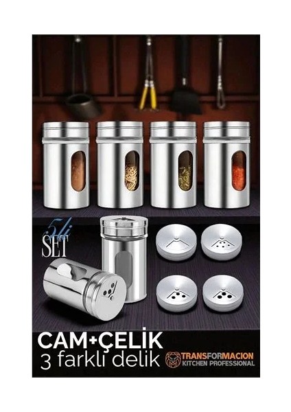 Cam+Çelik Tuzluk Biberlik Karabiberlik 3 Farklı Delikli 5 Li Set