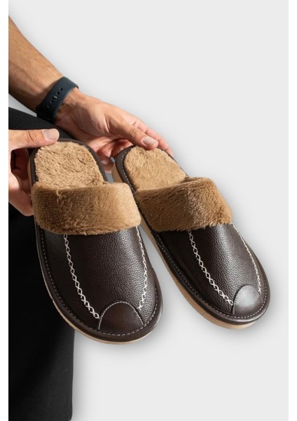 Deri Görünümlü Kürklü Erkek Ev Terliği Kahverengi fiyatları