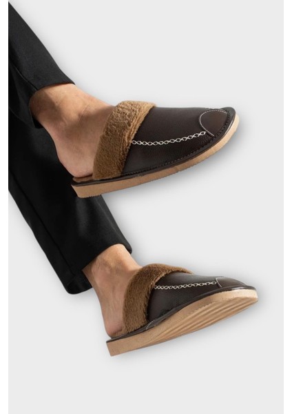 Deri Görünümlü Kürklü Erkek Ev Terliği Kahverengi modelleri