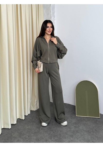 Tuén Kadın Geniş Paça Fermuarlı Eşofman Takımı – Haki