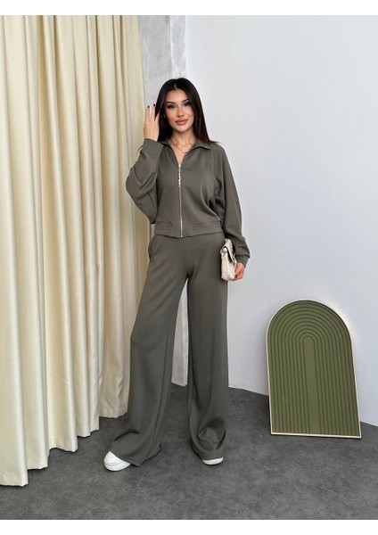 Tuén Kadın Geniş Paça Fermuarlı Eşofman Takımı – Haki modelleri