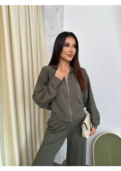 Tuén Kadın Geniş Paça Fermuarlı Eşofman Takımı – Haki fırsatları
