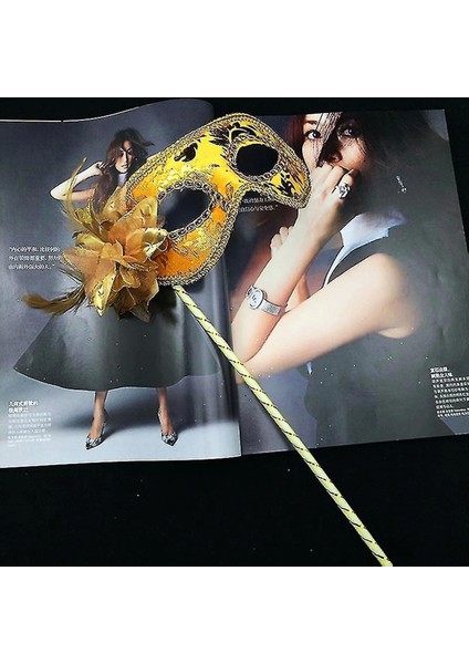 Lüks Taşlı Saplı Maskeli Balo Maskesi Altın Renk 35 cm - Lisinya