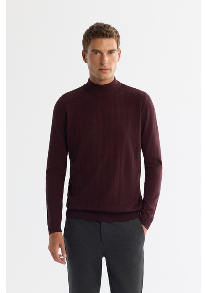 Erkek Bordo Yarım Balıkçı Yaka Dokulu Basic Kazak E005108