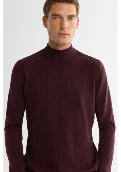Erkek Bordo Yarım Balıkçı Yaka Dokulu Basic Kazak E005108