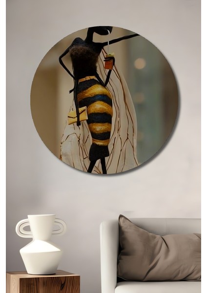Ahşap Dekoratif Tablo Bal Arısı Bohem Sanat Yağlı Boya Görünümlü Yuvarlak Tablo