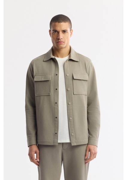 Erkek Yağ Yeşili Klasik Yaka Pamuklu Jersey Comfort Fit Gömlek Ceket A51Y2048