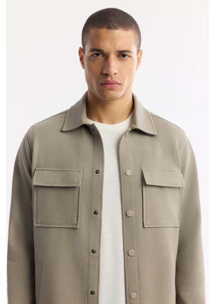 Erkek Yağ Yeşili Klasik Yaka Pamuklu Jersey Comfort Fit Gömlek Ceket A51Y2048