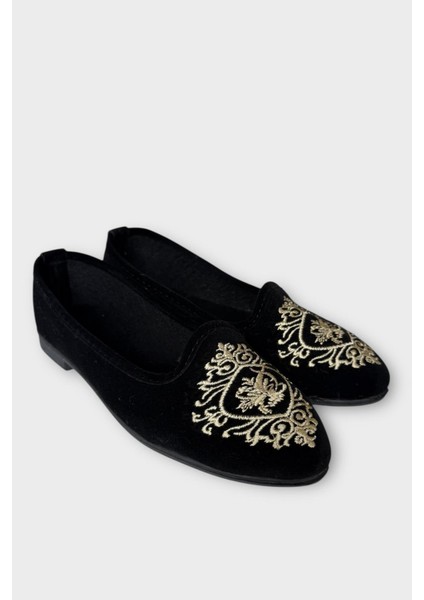 Kadın Günlük Nakış Detaylı Ev Babet Siyah - Beyaz modelleri