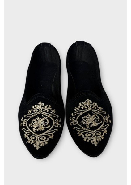 Kadın Günlük Nakış Detaylı Ev Babet Siyah - Beyaz