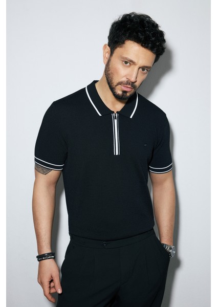 Erkek Siyah Polo Yaka Dokulu Rayon Triko Regular Fit T-Shirt A51Y5165