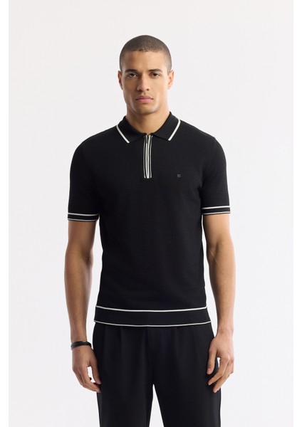 Erkek Siyah Polo Yaka Dokulu Rayon Triko Regular Fit T-Shirt A51Y5165