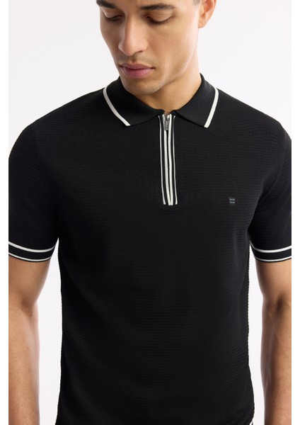 Erkek Siyah Polo Yaka Dokulu Rayon Triko Regular Fit T-Shirt A51Y5165