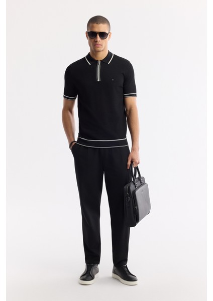Erkek Siyah Polo Yaka Dokulu Rayon Triko Regular Fit T-Shirt A51Y5165
