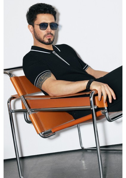 Erkek Siyah Polo Yaka Dokulu Rayon Triko Regular Fit T-Shirt A51Y5165