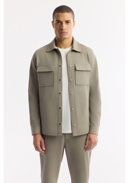 Erkek Yağ Yeşili Klasik Yaka Pamuklu Jersey Comfort Fit Gömlek Ceket A51Y2048