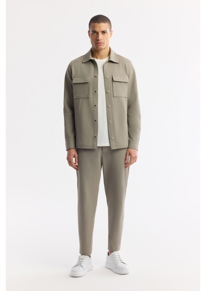 Erkek Yağ Yeşili Klasik Yaka Pamuklu Jersey Comfort Fit Gömlek Ceket A51Y2048