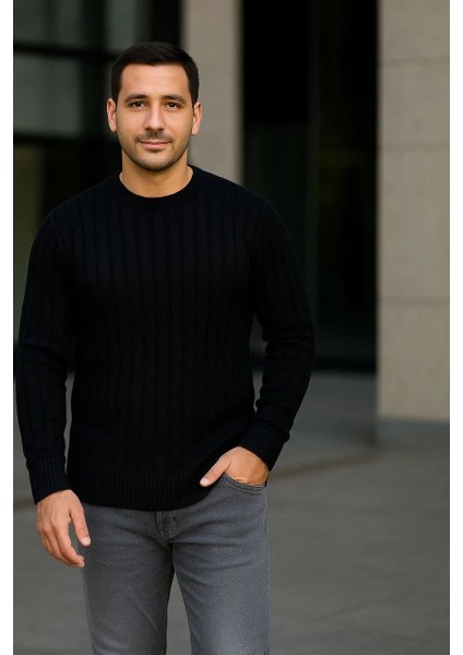 Erkek Bisiklet Yuvarlak Yaka Triko Kazak Pamuklu Kalın Fitilli Dokuma, Regular Fit Uzun Kollu Kışlık Model - Siyah modelleri