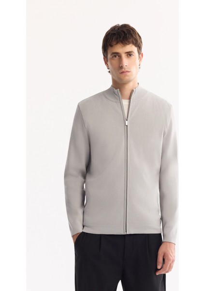 Erkek Gri Dik Yaka Fermuarlı Rayon Tüylenmeyen Regular Fit Hırka A52Y5013