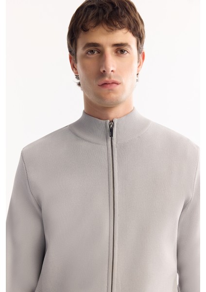 Erkek Gri Dik Yaka Fermuarlı Rayon Tüylenmeyen Regular Fit Hırka A52Y5013