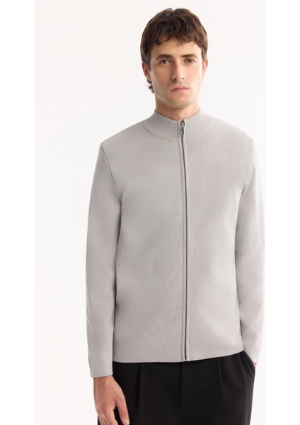 Erkek Gri Dik Yaka Fermuarlı Rayon Tüylenmeyen Regular Fit Hırka A52Y5013