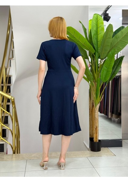 Kadın Kısa Kollu V Yakalı Önden Düğmeli A Kesim Dokuma Elbise modelleri