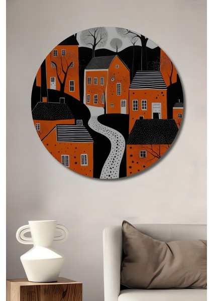 Turuncu Evler Ahşap Dekoratif Tablo Kara Kalem Görünümlü Sanat Eseri Yuvarlak Tablo