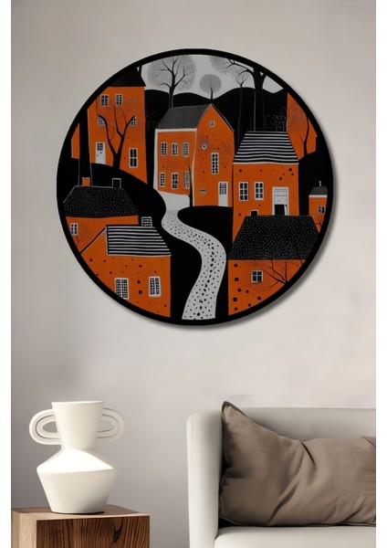 Turuncu Evler Ahşap Dekoratif Tablo Kara Kalem Görünümlü Sanat Eseri Yuvarlak Tablo fiyatları