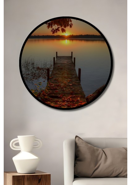 Sonbahar Gölde Gün Batımı Yağlı Boya Görünümlü Dekoratif Ahşap Tablo Yuvarlak Tablo fiyatları