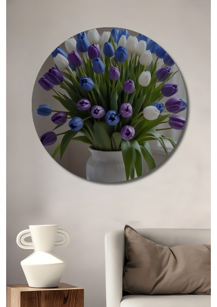 Görkemli Lale Buketi Yağlı Boya Görünümlü Ahşap Dekoratif Tablo Yuvarlak Tablo