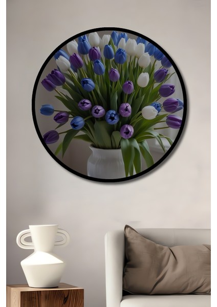 Görkemli Lale Buketi Yağlı Boya Görünümlü Ahşap Dekoratif Tablo Yuvarlak Tablo fiyatları