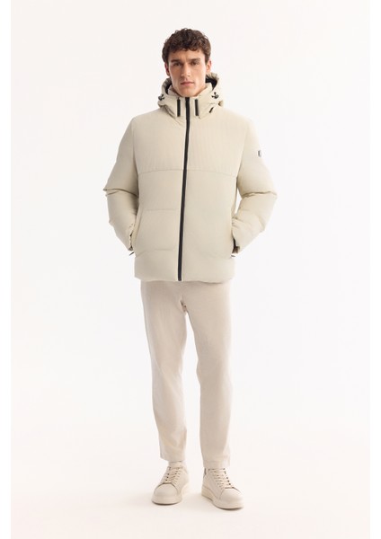 Erkek Ekru Kapüşonlu Rüzgar Geçirmez Şişme Comfort Fit Mont A52Y6054