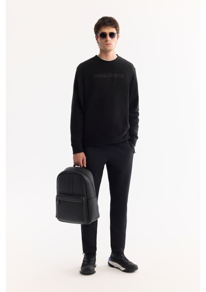 Erkek Siyah Bisiklet Yaka Soft Touch Baskılı Polar Regular Fit Sweatshirt A52Y1269