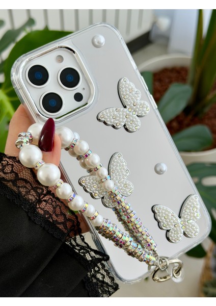 Iphone 16 Promax Uyumlu Aynalı Charmlı Kelebek Tasarımlı Silikon Kılıf