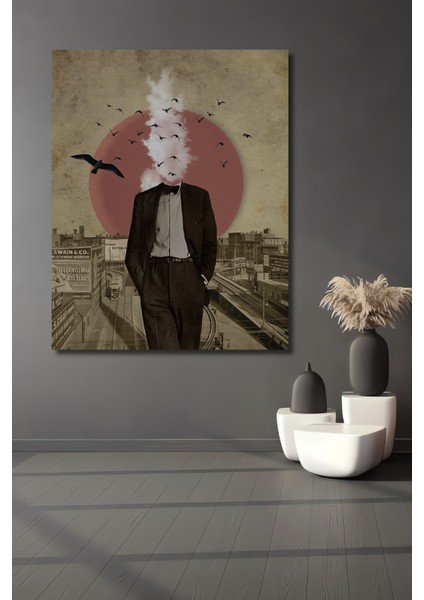 Gızemlı Adam Kuşlu Kolaj Sanat Tablosu Ahşap Dekoratif Tablo Dikdörtgen Tablo