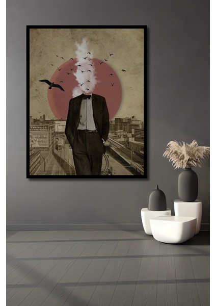 Gızemlı Adam Kuşlu Kolaj Sanat Tablosu Ahşap Dekoratif Tablo Dikdörtgen Tablo fiyatları