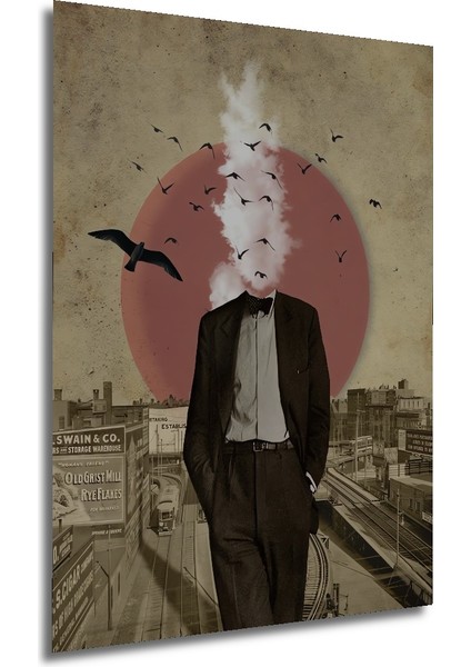 Gızemlı Adam Kuşlu Kolaj Sanat Tablosu Ahşap Dekoratif Tablo Dikdörtgen Tablo fırsatları