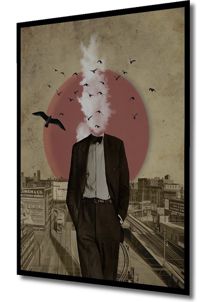 Gızemlı Adam Kuşlu Kolaj Sanat Tablosu Ahşap Dekoratif Tablo Dikdörtgen Tablo indirimleri