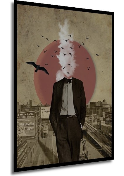 Gızemlı Adam Kuşlu Kolaj Sanat Tablosu Ahşap Dekoratif Tablo Dikdörtgen Tablo