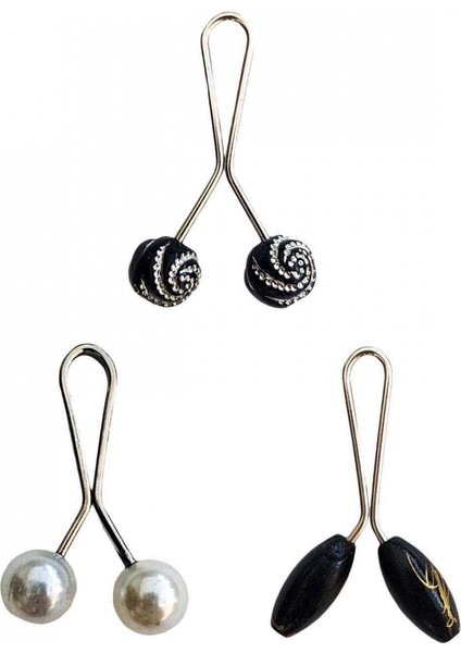 3 Adet Tesettür Eşarp ve Şal Klipsi İnci Beyaz Siyah Siyah Desenli