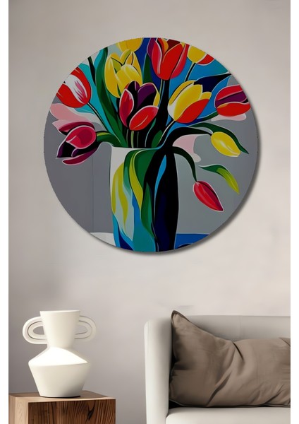 Canlı Renkli Lale Buketi Yağlı Boya Görünümlü Modern Sanat Ahşap Dekoratif Tablo Yuvarlak Tablo