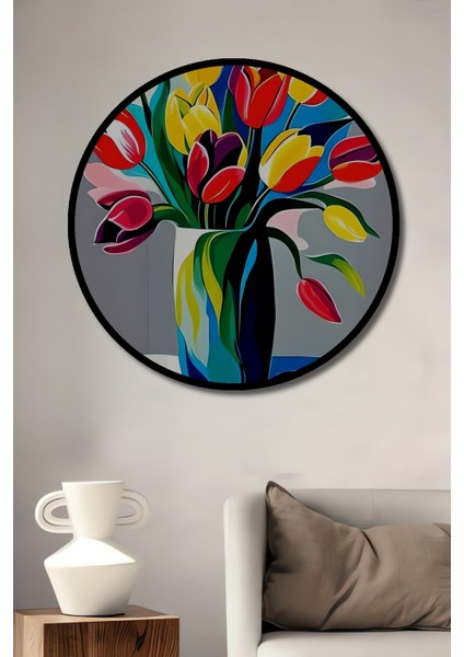 Canlı Renkli Lale Buketi Yağlı Boya Görünümlü Modern Sanat Ahşap Dekoratif Tablo Yuvarlak Tablo fiyatları