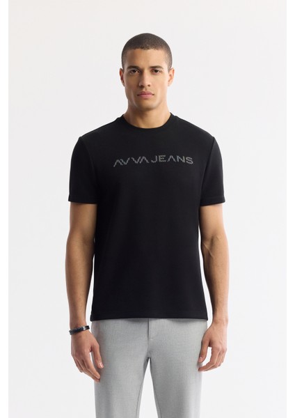 Erkek Siyah Bisiklet Yaka Reflektörlü Bi-Stretch İnterlok Regular Fit T-Shirt A51Y1037