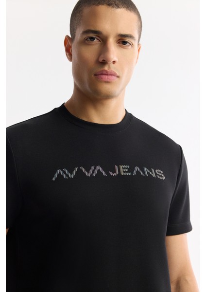 Erkek Siyah Bisiklet Yaka Reflektörlü Bi-Stretch İnterlok Regular Fit T-Shirt A51Y1037