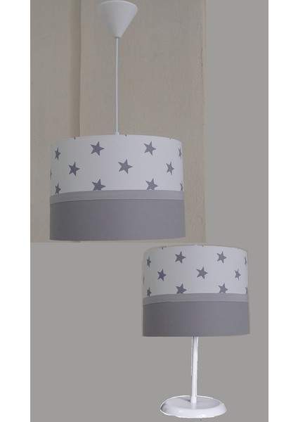 Beyaz Yıldızlı Gri 2.li Set M-290 Kumaş Kaplama Genç ve Çocuk Odası Avize ve Abajur Takımı