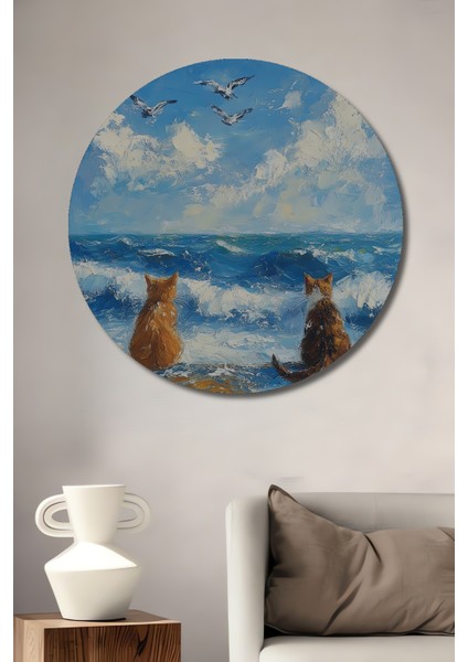 Deniz Kenarında Iki Kedi Yağlı Boya Görünümlü Ahşap Dekoratif Tablo Yuvarlak Tablo