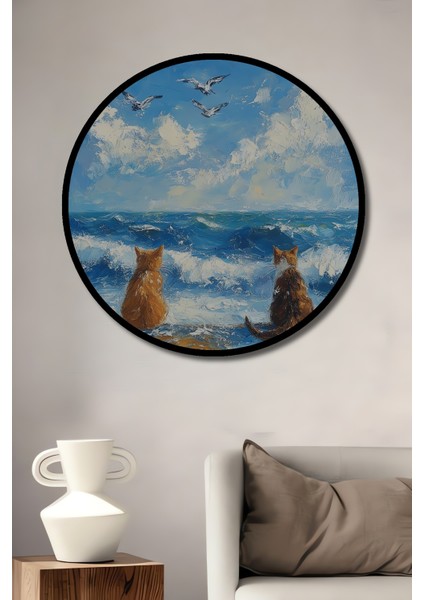 Deniz Kenarında Iki Kedi Yağlı Boya Görünümlü Ahşap Dekoratif Tablo Yuvarlak Tablo fiyatları