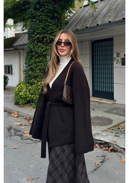 Acı Kahve %100 Pamuk Kemerli Triko Hırka - 4627