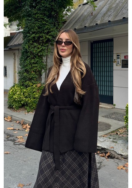 Acı Kahve %100 Pamuk Kemerli Triko Hırka - 4627 modelleri